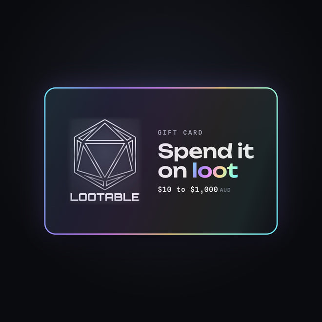Lootable gift card: holographic-edged card with the Lootable d20 logo, 'Spend it on loot', $10 to $1,000 AUD